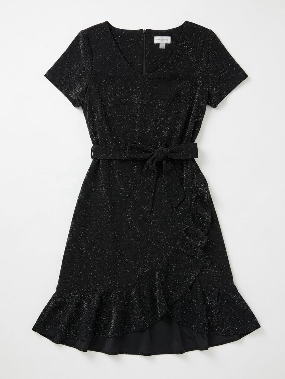 Marc New York Black Glitter Ruffle Midi Dress Size 10 Stretch Cocktail Corp Goth